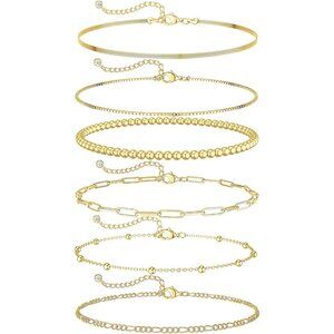 Women's 5Pcs Gold Bracelets for Waterproof, 14K Gold Plated Jewelry Sets Trendy